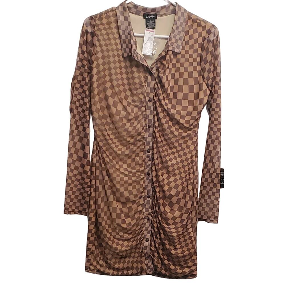 Justify Full Front Button Brown & Tan Checkered Ruched Dress Size Large